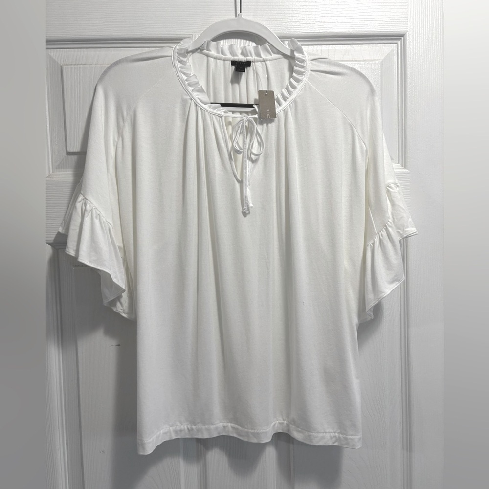 NWT J.Crew Ruffle Tie Neck White Short Sleeve Oversized Top Size Small Brand New